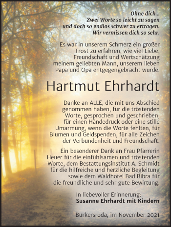 Traueranzeige von Hartmut Ehrhardt von Wochenspiegel Naumburg/Nebra