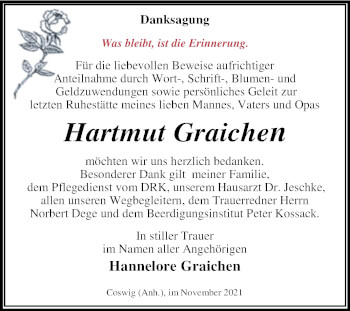 Traueranzeige von Hartmut Graichen von Trauerkombi Wittenberg