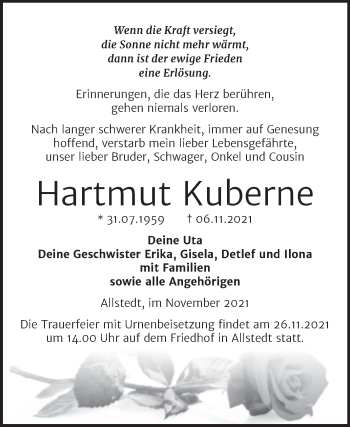 Traueranzeige von Hartmut Kuberne von Trauerkombi Sangerhausen