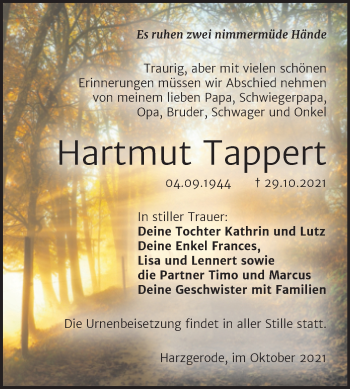 Traueranzeige von Hartmut Tappert von Trauerkombi Quedlinburg