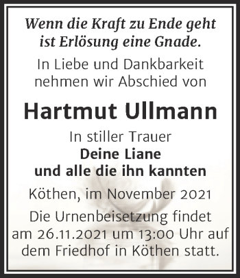 Traueranzeige von Hartmut Ullmann von Trauerkombi Köthen