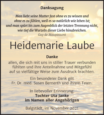 Traueranzeige von Heidemarie Laube von Wochenspiegel Naumburg/Nebra