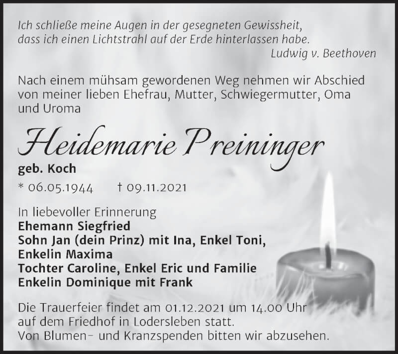  Traueranzeige für Heidemarie Preininger vom 27.11.2021 aus Trauerkombi Merseburg