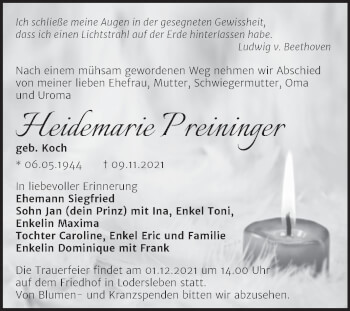 Traueranzeige von Heidemarie Preininger von Trauerkombi Merseburg