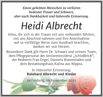 Traueranzeige von Heidi Albrecht von Trauerkombi Sangerhausen