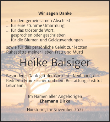 Traueranzeige von Heike Balsiger von Trauerkombi Wittenberg