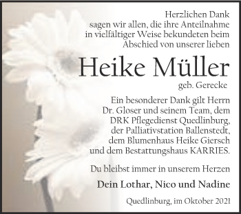 Traueranzeige von Heike Müller von Trauerkombi Quedlinburg