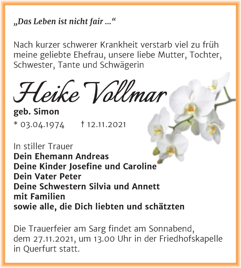  Traueranzeige für Heike Vollmar vom 20.11.2021 aus Trauerkombi Merseburg