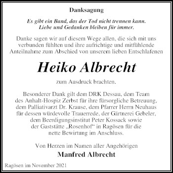 Traueranzeige von Heiko Albrecht von Trauerkombi Dessau