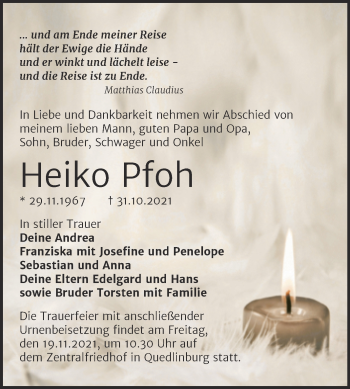 Traueranzeige von Heiko Pfoh von Trauerkombi Quedlinburg
