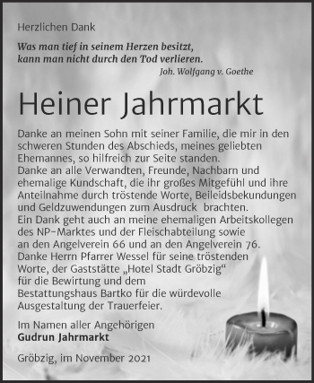 Traueranzeige von Heiner Jahrmarkt von Trauerkombi Köthen