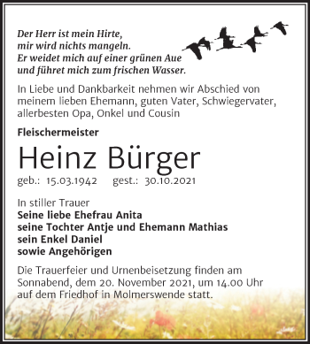 Traueranzeige von Heinz Bürger von Trauerkombi Mansfelder Land
