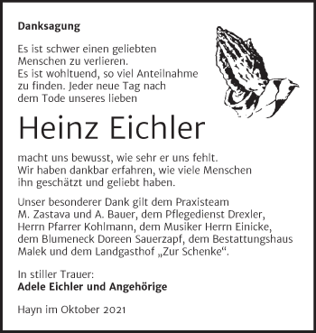 Traueranzeige von Heinz Eichler von Trauerkombi Sangerhausen