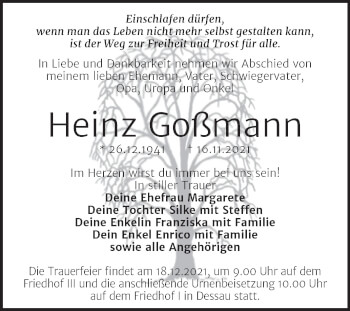 Traueranzeige von Heinz Goßmann von Trauerkombi Dessau