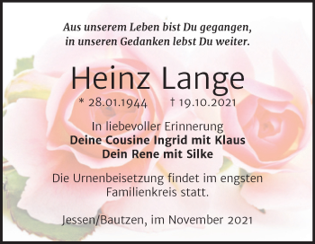 Traueranzeige von Heinz Lange von Trauerkombi Wittenberg