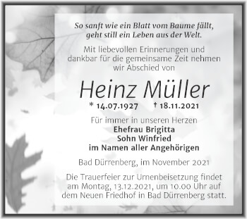 Traueranzeige von Heinz Müller von Trauerkombi Merseburg