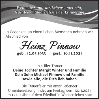 Traueranzeige von Heinz Pinnow von Trauerkombi Quedlinburg