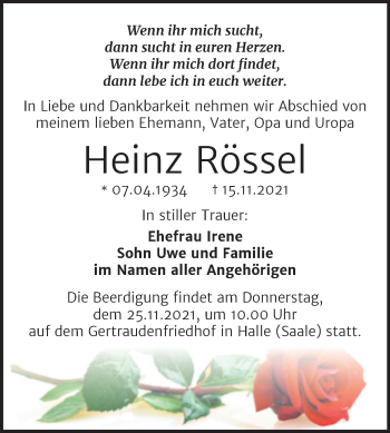 Traueranzeige von Heinz Rössel von Mitteldeutsche Zeitung Halle/Saalkreis