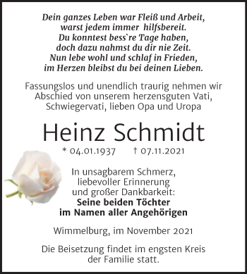 Traueranzeige von Heinz Schmidt von Trauerkombi Mansfelder Land