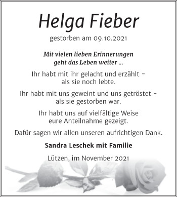 Traueranzeige von Helga Fieber von Trauerkombi Weißenfels