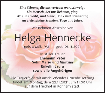 Traueranzeige von Helga Hennecke von Trauerkombi Bernburg