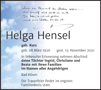 Traueranzeige von Helga Hensel von Naumburger Tageblatt