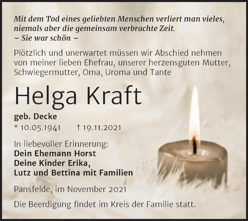  Traueranzeige für Helga Kraft vom 27.11.2021 aus Trauerkombi Quedlinburg