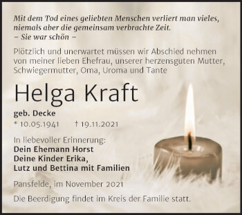 Traueranzeige von Helga Kraft von Trauerkombi Quedlinburg