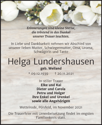 Traueranzeige von Helga Lundershausen von Trauerkombi Sangerhausen