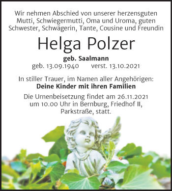 Traueranzeige von Helga Polzer von Trauerkombi Bernburg