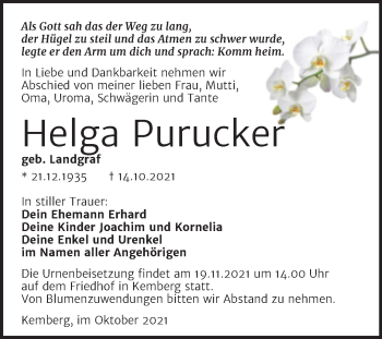 Traueranzeige von Helga Purucker von Trauerkombi Wittenberg