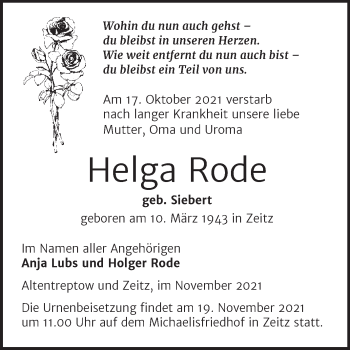 Traueranzeige von Helga Rode von Trauerkombi Zeitz