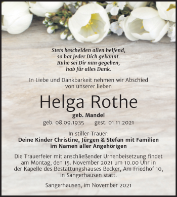 Traueranzeige von Helga Rothe von Trauerkombi Sangerhausen