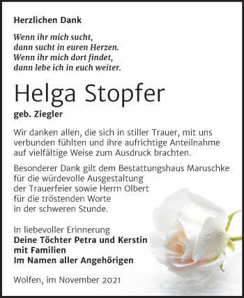 Traueranzeige von Helga Stopfer von Trauerkombi Bitterfeld