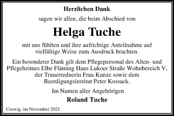 Traueranzeige von Helga Tuche von Trauerkombi Wittenberg
