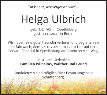 Traueranzeige von Helga Ulbrich von Mitteldeutsche Zeitung Quedlingburg