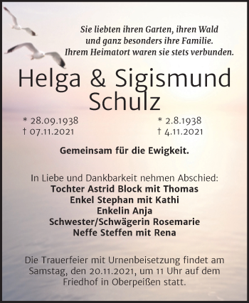 Traueranzeige von Helga und Sigismund Schulz von Trauerkombi Bernburg