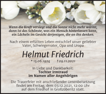 Traueranzeige von Helmut Friedrich von Trauerkombi Bitterfeld