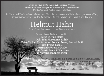 Traueranzeige von Helmut Hahn von Trauerkombi Quedlinburg