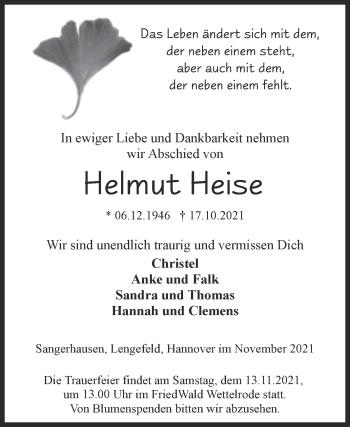 Traueranzeige von Helmut Heise von Trauerkombi Sangerhausen