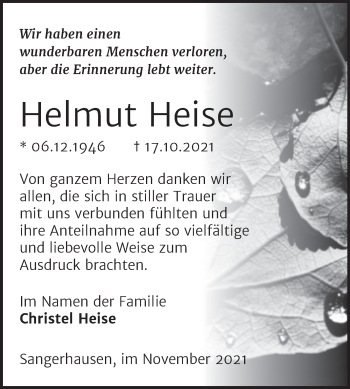 Traueranzeige von Helmut Heise von Trauerkombi Sangerhausen