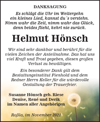 Traueranzeige von Helmut Hönsch von Trauerkombi Sangerhausen