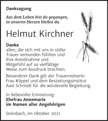 Traueranzeige von Helmut Kirchner von Wochenspiegel Naumburg/Nebra
