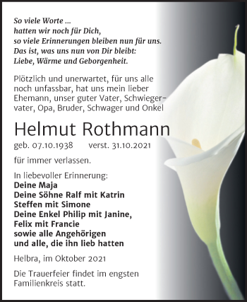 Traueranzeige von Helmut Rothmann von Trauerkombi Mansfelder Land