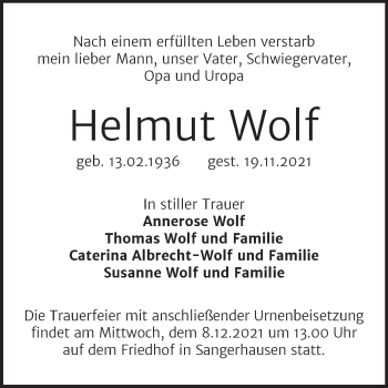 Traueranzeige von Helmut Wolf von Trauerkombi Sangerhausen