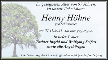 Traueranzeige von Henny Höhne von Trauerkombi Dessau