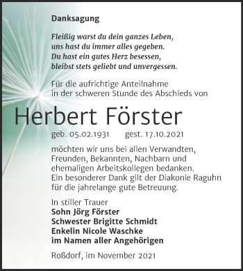 Traueranzeige von Herbert Förster von Trauerkombi Bitterfeld