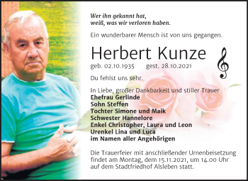 Traueranzeige von Herbert Kunze von Trauerkombi Bernburg