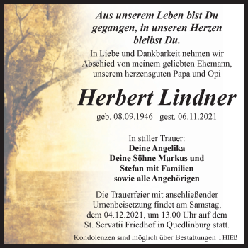 Traueranzeige von Herbert Lindner von Trauerkombi Quedlinburg