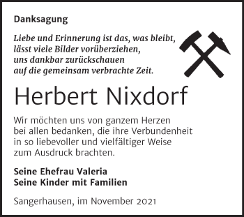 Traueranzeige von Herbert Nixdorf von Trauerkombi Sangerhausen